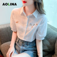 AOLINA เสื้อเชิ้ตสีทึบปกแขนสั้นแขนพองสำหรับฤดูร้อนสไตล์ย้อนยุคอ่อนหวานเรียบง่ายเข้ากับทุกชุดได้เสื้อปักลาย