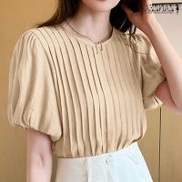 COD dhdfxcz ZANZEA Women Korean Casual Round Neck Short Sleeve Puff Sleeve Pleated Blouses