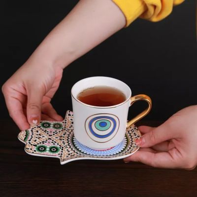 ถ้วยกาแฟตุรกีและจานรองชุด Devil S Eye Hamsa จาน R แขวนหู Creative ถ้วยเซรามิค Gift