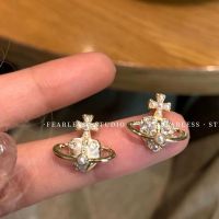 Westwood Vivian FEARLESS Korean niche design asymmetric pearl zircon earrings high-end exquisite star earrings for women 2023 imported