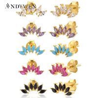 ANDYWEN ต่างหูแบบเจาะสีทอง6กลีบ,ต่างหูแบบใสเทอร์ควอยซ์สีม่วงสีรุ้งคริสตัลสีแดงสีดำ925เงินสเตอร์ลิง