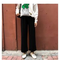Womens solid color casual loose thin wild elastic waist wide leg pants pants