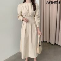 COD SDFGERTYTRRT VONDA Women Korean Round Neck Long Sleeve Tunic Plain Pleated Long Dress