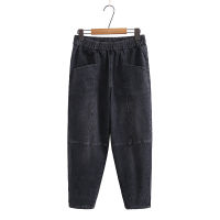 【มีไซส์ใหญ่】Plus Size L-5XL Womens Elastic Waist Black Jeans High Waist Slim Denim Pants with Pockets