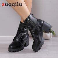 Platform Motorcycle Boots Women Chunky Heel Black Shoes Antumn Winter Pu Leather Goth Lace Up Punk Ankle Boots Women Booties