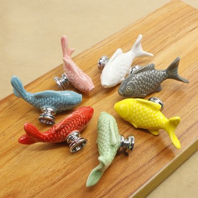 ♠▤℗ Children Drawer Knobs Fish Shape Ceramic Handles for Kids Room Kitchen Cabinet Handles Cupboard Knobs Furniture Hardware
