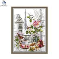 Joy Sunday Print Cross Stitch Kit DIY French Breakfast and Flowers Pattern Aida 14CT 11CT Count White Fabric Embroidery Kit Gift