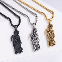 Hip Hop Vintage Golden Holy Saint Death Santa Muerte Skull Biker Pendant Necklace Stainless Steel Men Women Religious Jewelry Fashion Chain Necklaces