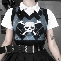 InsGoth Gothic Skull Print Sweater Vest Harajuku Punk Sexy V Neck Sleeveless Copped Tops Grunge Autume Winter Women Knitted Tops