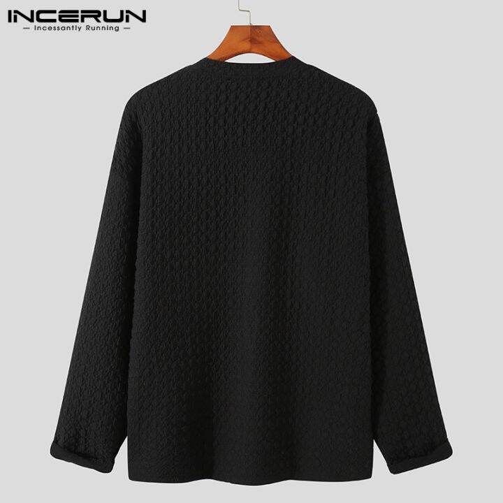 incerun-เสื้อยืดลําลองแฟชั่นสําหรับผู้ชายแขนยาวคอกลมทรงหลวม