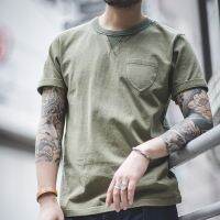 ฤดูร้อนใหม่ชายเสื้อยืด100% Cotton Retro Army สีเขียวง่ายรอบปลอกคอสั้นแขน Amekaji ผู้ชายเสื้อยืด