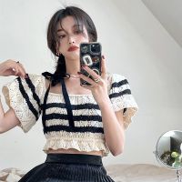 COD NEWBlack Striped Hollow Knit Sweater Womens New Slim Fit Ruffle Short Sleeve Short One Shoulder Top