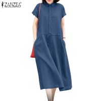 COD DSFGRDGHHHHH ZANZEA Women Summer Korean Casual Short Sleeve Collared Tie Waist Beach Midi Dress