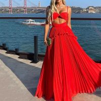 【CW】✗✒  Ellafads Fashion Suspender Sleeveless V Neck Waist Backless Pleated Evening Dresses Streetwear