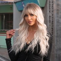 LOUIS FERRE Long Platinum Wave Synthetic Wig for White Women Ombre Light Blonde Wigs With Bangs Daily Cosplay High Temperature