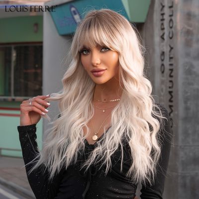 LOUIS FERRE Long Platinum Wave Synthetic Wig for White Women Ombre Light Blonde Wigs With Bangs Daily Cosplay High Temperature