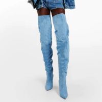 sexy pointed toe brand denim pile boots stiletto boots womens over the knee high boots zip shoes woman summer fall winter boots