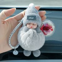 Sleeping Baby Car Key Ring Furry Plush Flower Keychain Cute Car Accessories Girls Women Ladies Gift Bag Pendant Lovely Doll