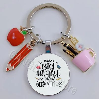 This is a big heart shaping little heart printing DIY handmade glass convex round keychain creative teacher gift Key Chains
