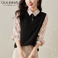 OULINNA เสื้อเบลาส์สำหรับผู้หญิง,เสื้อเบลาส์แขนยาวผ้าชีฟองฤดูใบไม้ร่วง2023ใหม่พิมพ์ลายรุ่นเกาหลีแบบหลวมตะวันตกคลุมท้อง