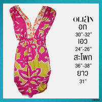 USED Olian - Pink Green Floral Dress | เดรสสั้นสีชมพู สีเขียว ลายดอก คอวี ทรงถ่วง เดรสคอวี เดรสลายดอก สายฝอ แท้ มือสอง