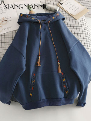 XIANG NIAN NI เสื้อกันหนาวสำหรับสตรีฤดูใบไม้ร่วง Hoodie ขนแกะ Chic Harbor Design ฤดูใบไม้ร่วง/ฤดูหนาว Top