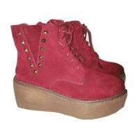 รองเท้าบูทแฟชั่นหนังกลับ ส้นสูง Fashion shoes woman boots สีแดงม่วง