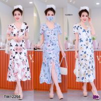 J12266 Dress แม็กซี่เดรสลายดอกชายผ่าระบาย+หน้ากากเข้าset+ยางมัดผม