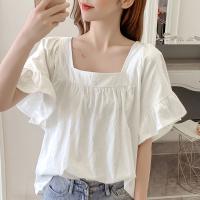 ReadyStock S-2XL Square Collar Casual Blouse Shirt Women 2022 Summer Cotton Loose Bow Short Sleeve Top Women