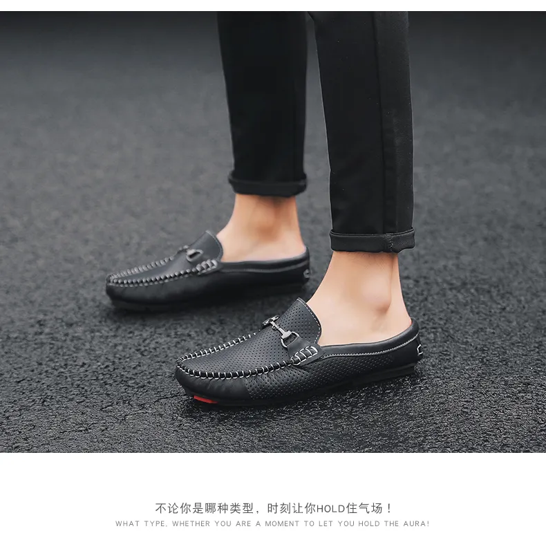 Men's Perforated Leather Horsebit Open Back Driving Loafers Mens  Lightweight Mules Male Breathable Backless Dress Shoes Summer Genuine  Leather