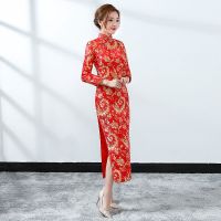 กี่เพ้า สำหรับเทศกาลจีนแบบจีน เดรสออกงานแขนยาว Cheongsam ชุดเดรสยาว