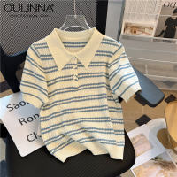 2019OULINNA Atasan Bahan Rajut โปโลลายทางสำหรับผู้หญิง,ใหม่2023ฤดูร้อนเสื้อเชิ้ตเสื้อโปโลงานออกแบบแขนสั้นเข้ารูปพอดีและเข้ารูป2023