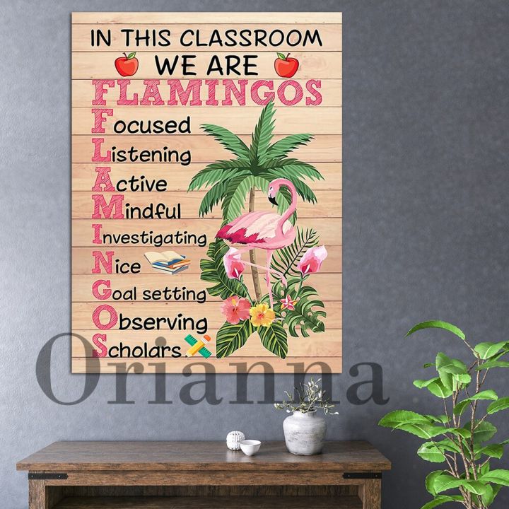 flamingos-art-โปสเตอร์สำหรับตกแต่งห้องเรียน-ในห้องเรียนนี้เราเป็น-flamingos-พิมพ์-home-wall-art-ผ้าใบสำหรับครูและนักเรียน