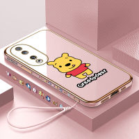 Volans เคสสำหรับ Honor 90 5G 90 Lite 5G ฟรีสายคล้องน่ารักการ์ตูนหมีพูห์หมีขอบสี่เหลี่ยมลวดลายเคสโทรศัพท์ชุบหรูหราเคสโทรศัพท์นิ่ม