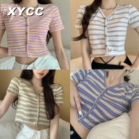 XYCC เสื้อคาร์ดิแกนถักคอวีกระดุมสำหรับผู้หญิง,เสื้อครอปเข้ารูปแขนสั้นสำหรับผู้หญิงใส่ในฤดูร้อนเสื้อยืดลายทาง