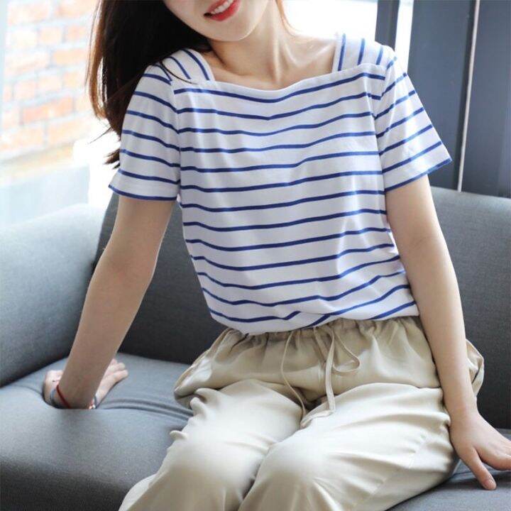 may-shopรุ่น-319-สไตล์เกาหลีรุ่นใหม่หลวมและบางแนวโน้มขนาดใหญ่เสื้อยืดแขนสั้นผู้หญิงลายทางในฤดูร้อน-bottoming-พร้อมส่ง