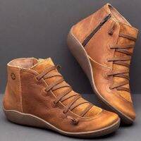 PromotionWomens Leather Ankle Boots Women Autumn Winter Cross Strappy Vintage lat Ladies Shoes