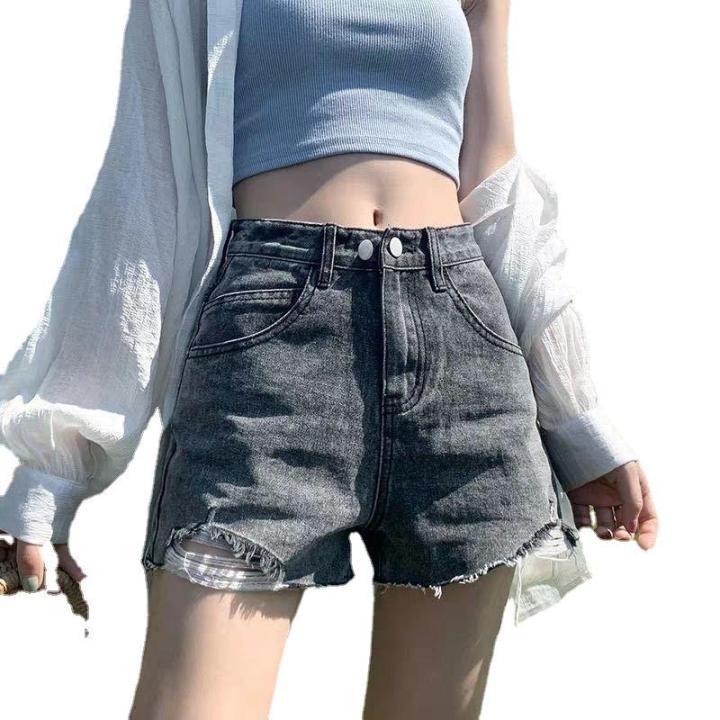 กางเกงยีนส์ขาสั้นผู้หญิงเอวสูงฤดูร้อน-2023-เทรนด์ใหม่-ins-ขากว้างทรงหลวมและดูผอมมีรูแตกฮิตในเน็ต-a-กางเกงร้อนคำ