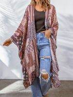 onlcicn Plus Size Boho Cardigan, Womens Plus Aztec Print Bat Sleeve Open Front Cover Up