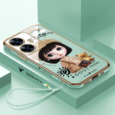 (คลังสินค้าพร้อม) เคสเคสมือถือสำหรับ C55 Realme พร้อมฟรีสายคล้อง + การ์ตูนสาวน่ารักขอบสี่เหลี่ยมชุบเคลือบฝาหลังนิ่ม