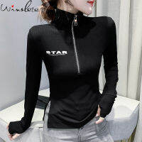 Fall Winter European Clothes Cotton T-Shirt Fashion Sexy Zipper Turtleneck Print Letter Women Tops Long Sleeve Tees 2021 T18427A