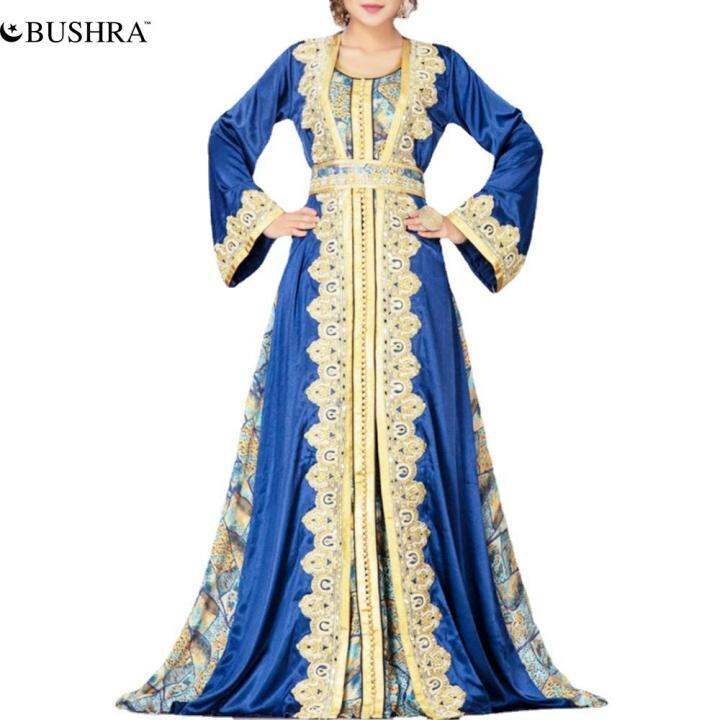 BUSHRA Printed Moroccan Caftan Dubai Muslim Dress Abaya Elegant Islamic ...