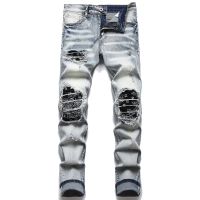 【YD】 Men Biker Jeans Streetwear Bandana Print Stretch Denim Pants Patchwork Holes Ripped Straight Trousers