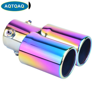 AQTQAQ Universal Car Modification Grilled blue Stainless Steel 1 to 2 Dual Exhaust Muffler tip cover Car styling