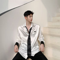 Summer Korea Elegant Boy Sexy Silk Long Sleeved Shirt Retro Handsome Gentle Man Lce Silk Tie Chic Beach Shirt Korean Clothes