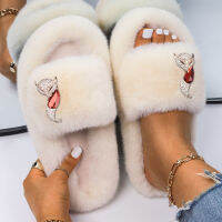 Fluffy Slippers Women Fashion Crystal Fox Decor Furry Slides Ladies Faux Fur Flip Flops Flat Sandals Female Retro nd Shoes