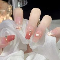 [COD] and gentle style manicure piece gradient check diamond three-dimensional love wearing nail ballet false nails