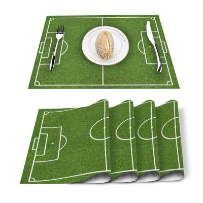 4/6 Pcs Placemat Soccer Balls Football Field Printed Table Mat For Tables Heat-insulation Cotton Linen Kitchen Dining Pads