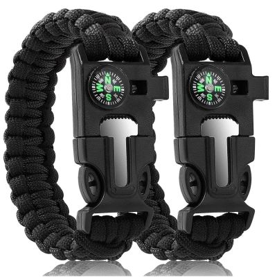 2PCS Survival Bracelets Black for Men Paracord Tactical 4-in-1 Camping Gear Kits Embedded Compass Whistle Emergency Multitools Survival kits