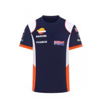 Moto เสื้อยืดสำหรับทีมแข่งฮอนด้า HRC Repsol สีขาว/สีฟ้าสำหรับขี่รถจักรยานยนต์ไม่จางหายผู้ชายแห้งเร็วระบายอากาศ